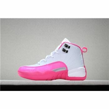 Kid's Air Jordan 12 Valentine's Day White/Dynamic Pink-Metallic Silver